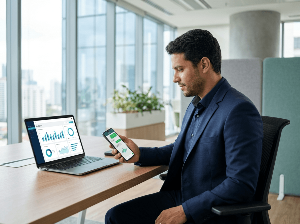 Sales manager holding a smartphone with a WhatsApp voice message conversation, laptop showing a sales dashboard in a modern office