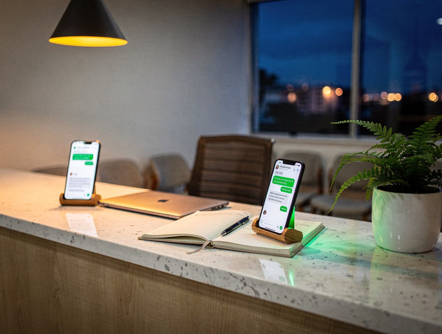 An empty clinic reception at night, with a lit-up phone on the counter displaying an appointment confirmed through WhatsApp.