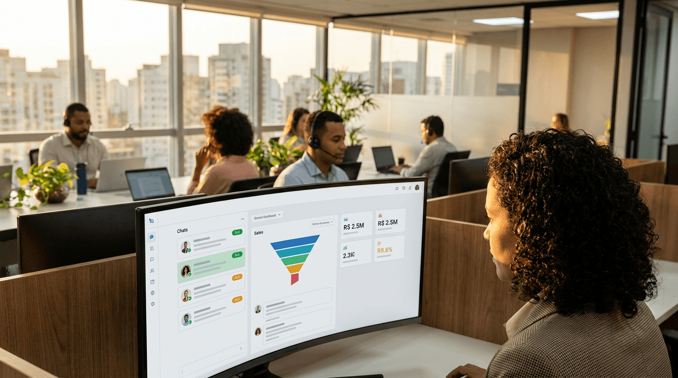 A sales manager in an office reviews a dashboard of WhatsApp conversations, SLA and sales pipeline on a monitor while the team serves customers in the background.