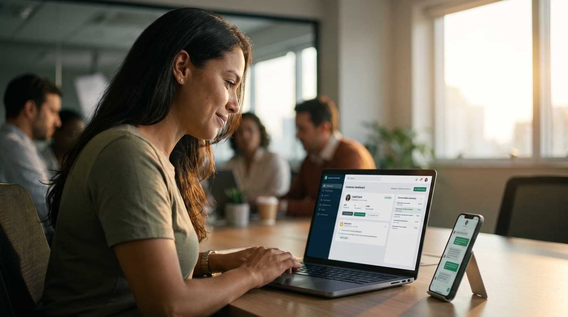 A saleswoman in an office reviews on her laptop the summary of a WhatsApp conversation already qualified by AI, ready to take over the chat.