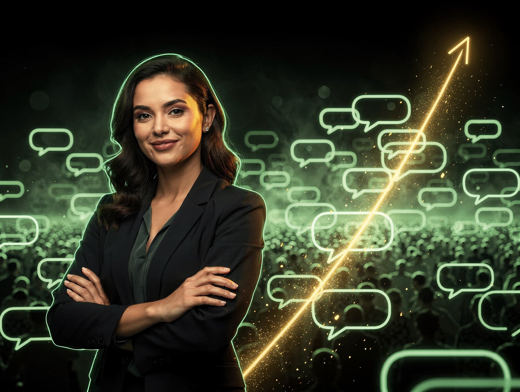Sales office at dawn with only a few occupied desks and a glass wall where dozens of green points of light represent sales conversations handled simultaneously by AI.
