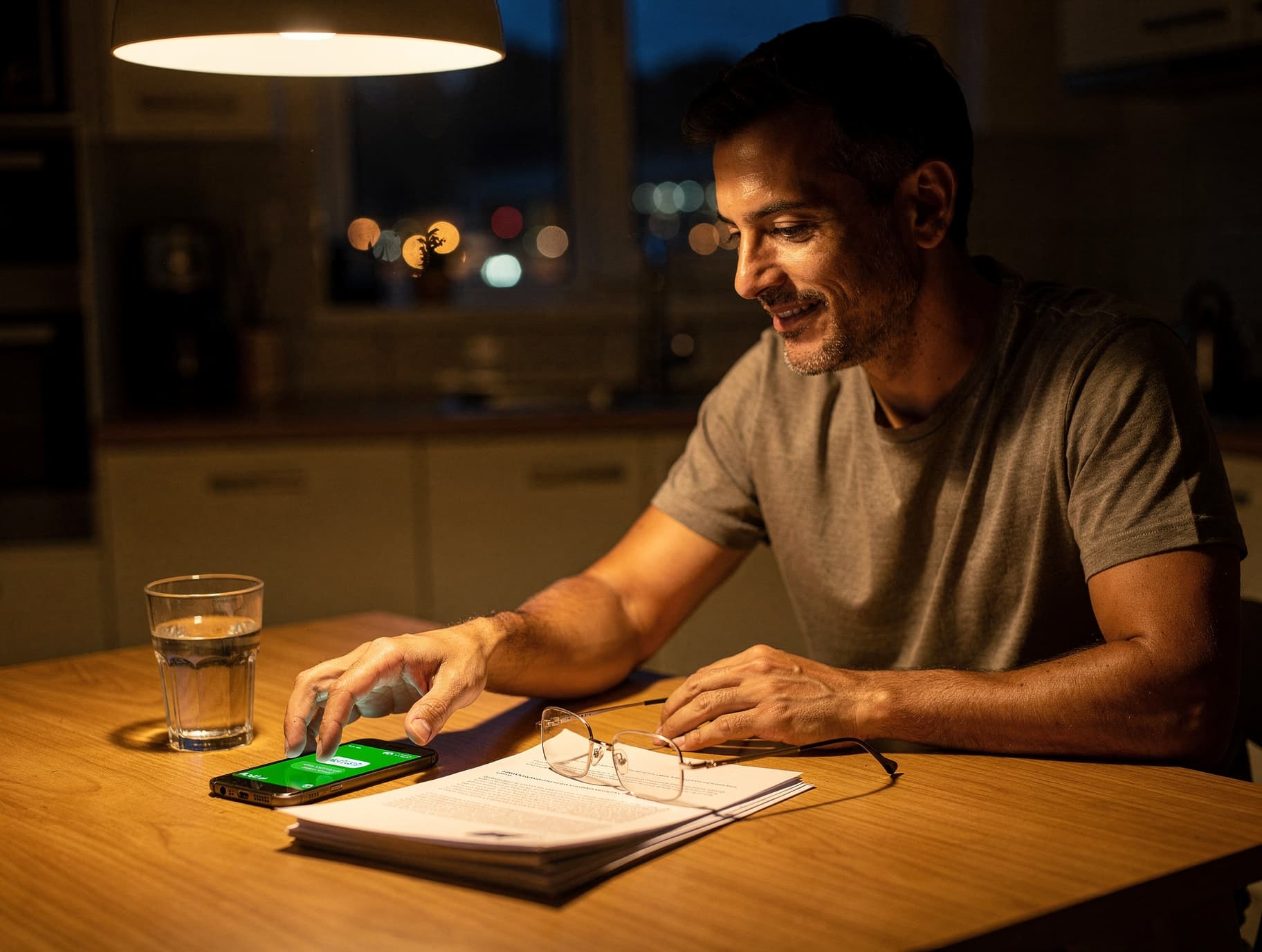 A man at home at night, sitting at the kitchen table next to a printed sales proposal and picking up his phone as it lights up with a new WhatsApp message.