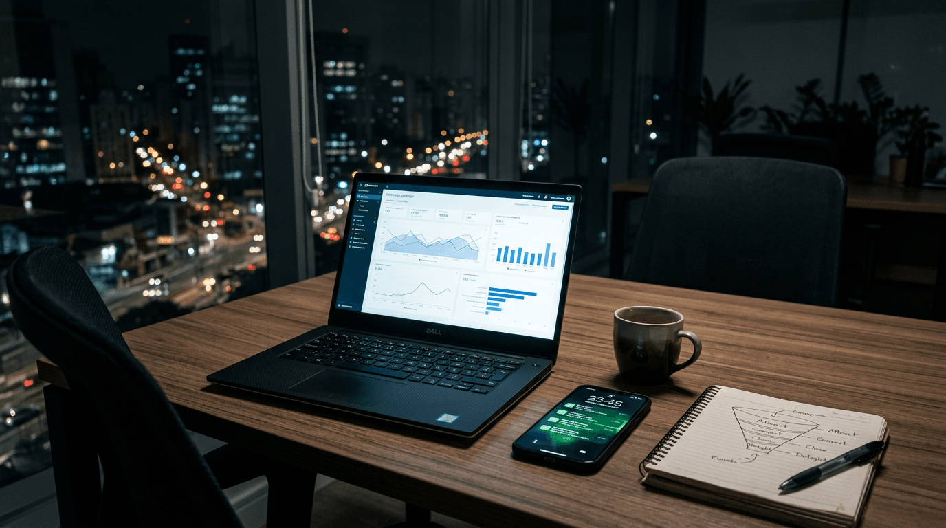 Office at night with a monitor displaying an ad campaign dashboard and, beside it, a smartphone receiving messages from new leads on WhatsApp.