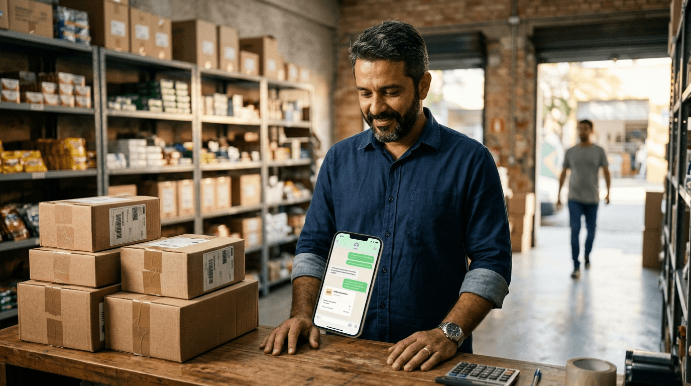 A business owner at the counter of a distribution company checks an existing customer's purchase history on a phone while a new offer is sent via WhatsApp, with product shelves in the background.