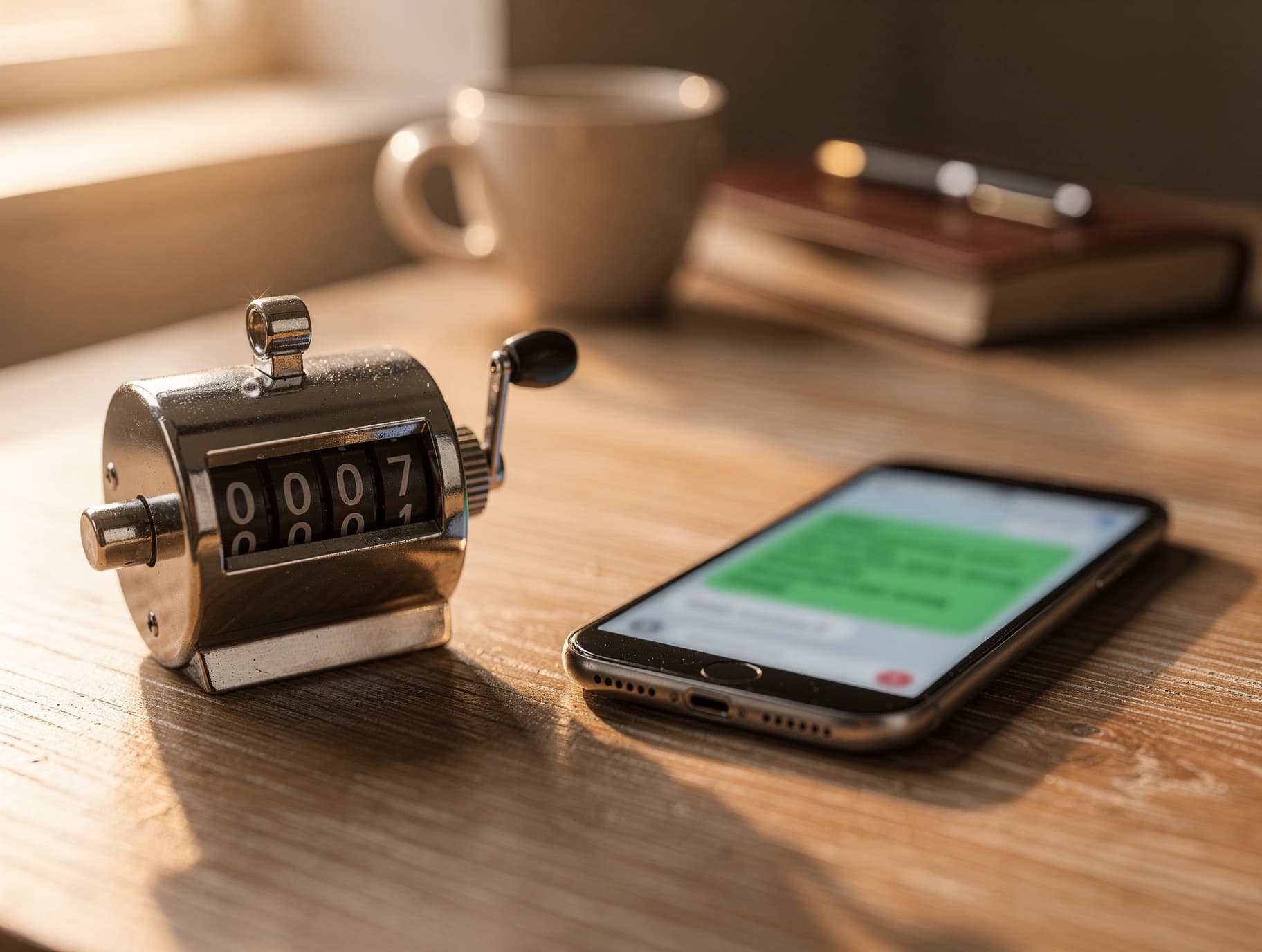 A metal hand counter displaying the number seven next to a smartphone lighting up with a new message, on a salesperson’s desk in the late afternoon.
