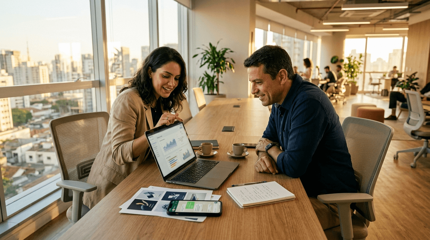 Meeting table in a modern office, where two professionals are reviewing a single data dashboard on a laptop together, while a phone beside them shows a WhatsApp conversation with a customer, in natural late-afternoon light.