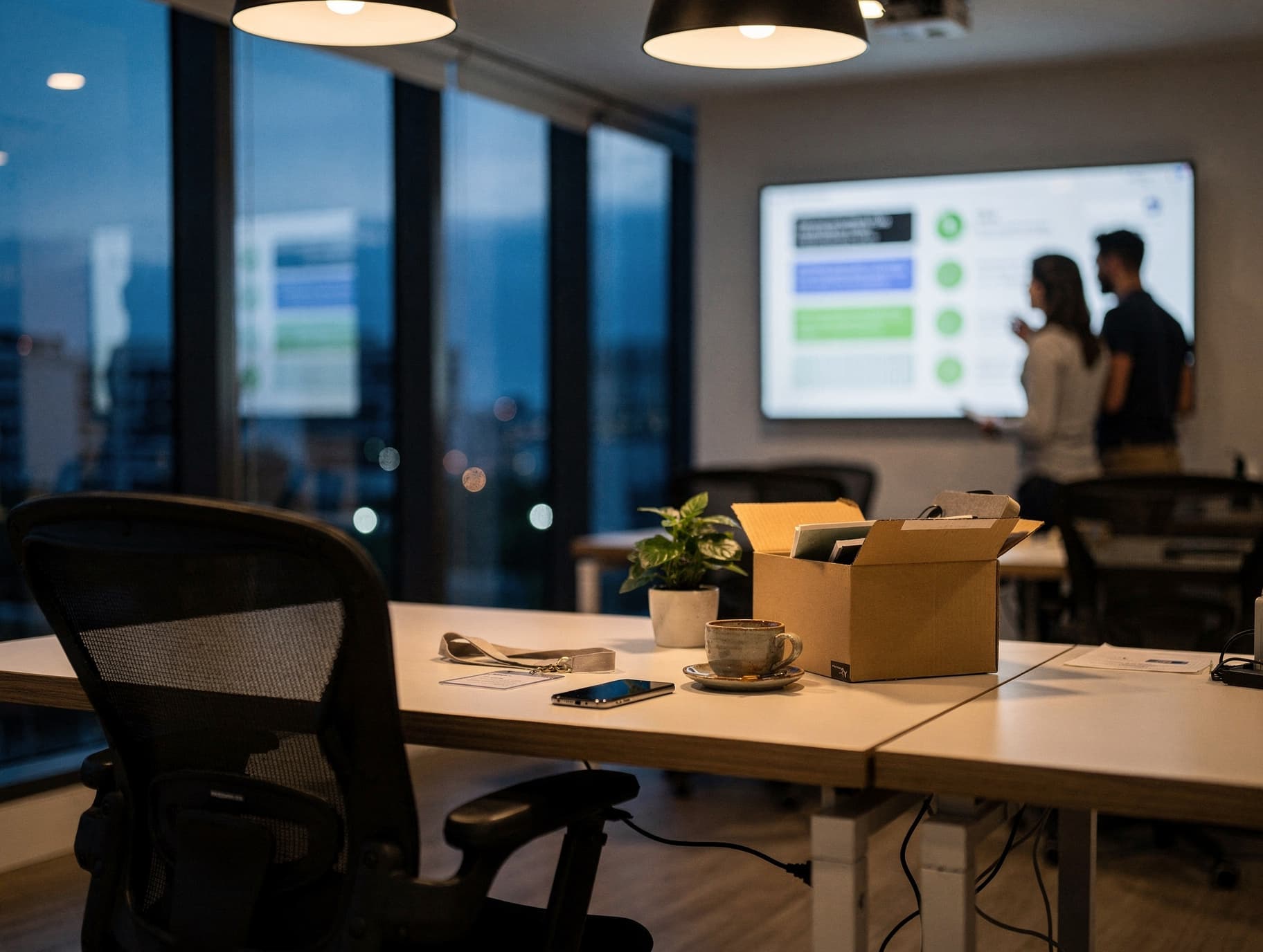 An empty office desk at the end of the workday, with a personal phone facedown and a chair pulled away, while a monitor in the background displays the company’s customer service dashboard with customer conversations organized.