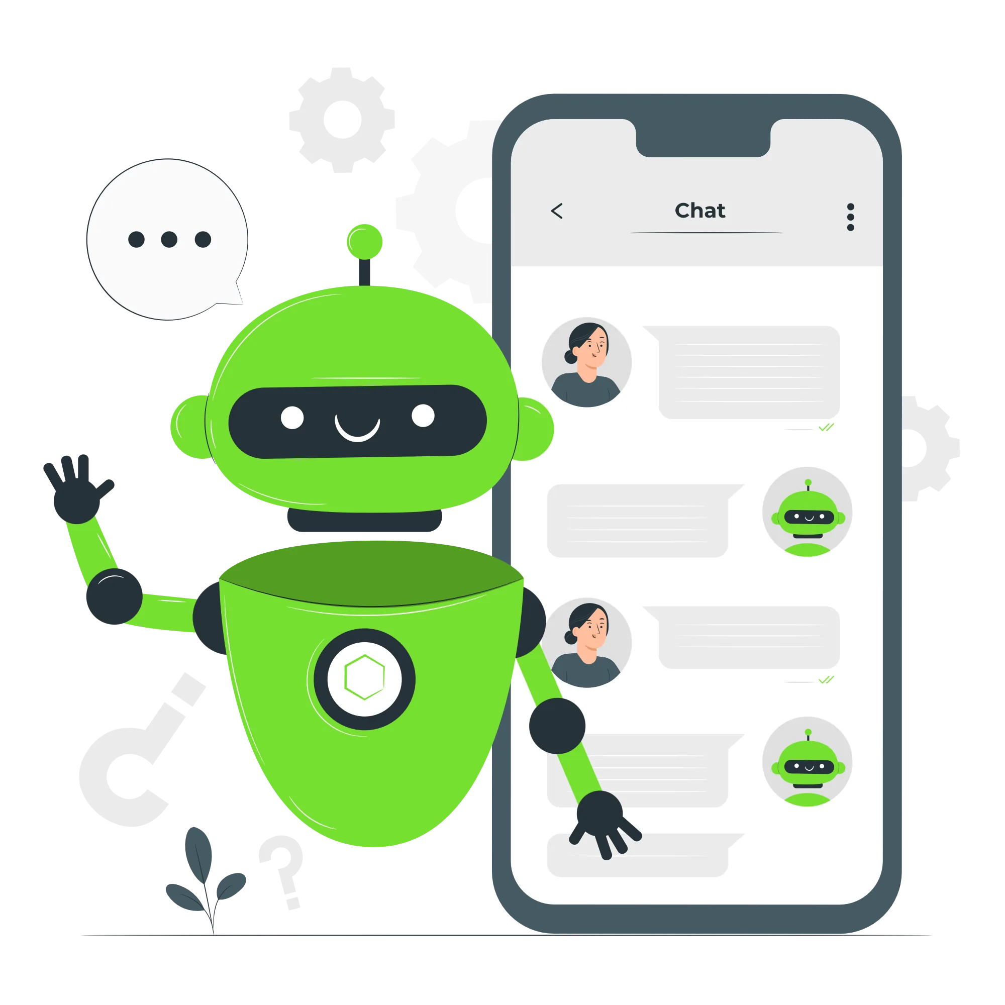 Green robot waving next to a phone showing a chat conversation