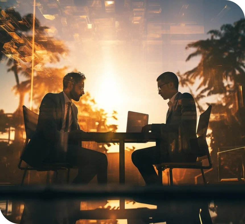 Two executives talking at a table with a laptop at sunset